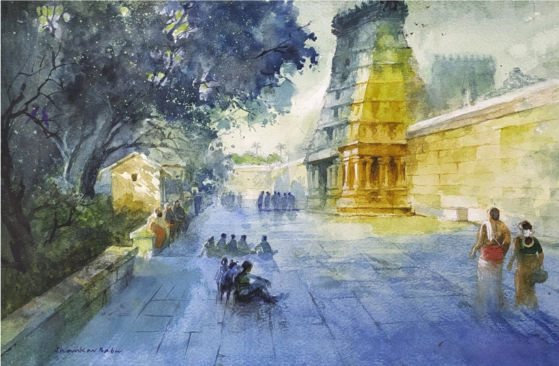 Madurai Meenakshi Amman Temple' religious watercolor painting by artist Sankara Babu, 11x17 inch, on paper