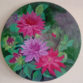 'Magenta Dahlias' nature acrylic painting by artist Vishwajyoti Mohrhoff, 20x20 inch, on canvas
