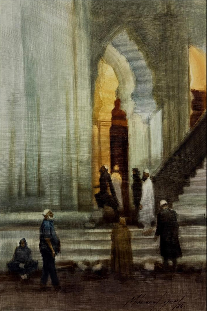 Maghrib At Juma Masjid' religious watercolor painting by artist Mohammad Yousf, 14x9 inch, on paper