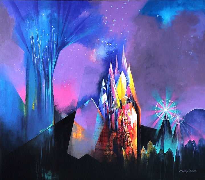 Magic Land And Wheel Of Fortune' abstract acrylic painting by artist Pradip Sengupta, 42x48 inch, on canvas