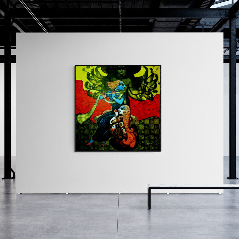 Preview of 'Magic Melody 1 (Radha Krishna Divine Harmony)' Painting by Kishore Roy shown on a wall in a furnished room.