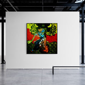 Kishore Roy's painting 'Magic Melody 1 (Radha Krishna Divine Harmony)' displayed in a modern living room setting