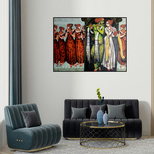 Kishore Roy's 'Magic Melody 2 (Radha Krishna Eternal Dance of Love)' painting visualized above a sofa in a contemporary room.