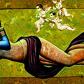 Religious acrylic painting titled 'Magic Melody 3', 36x72 inches, by artist Kishore Roy on Canvas