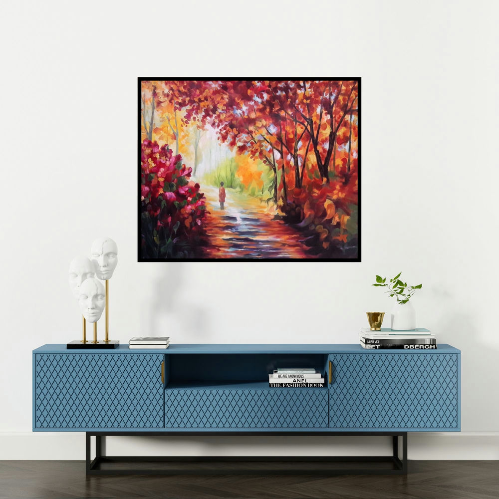 Abid Khan's 'A Magical Fall' painting visualized above a sofa in a contemporary room.