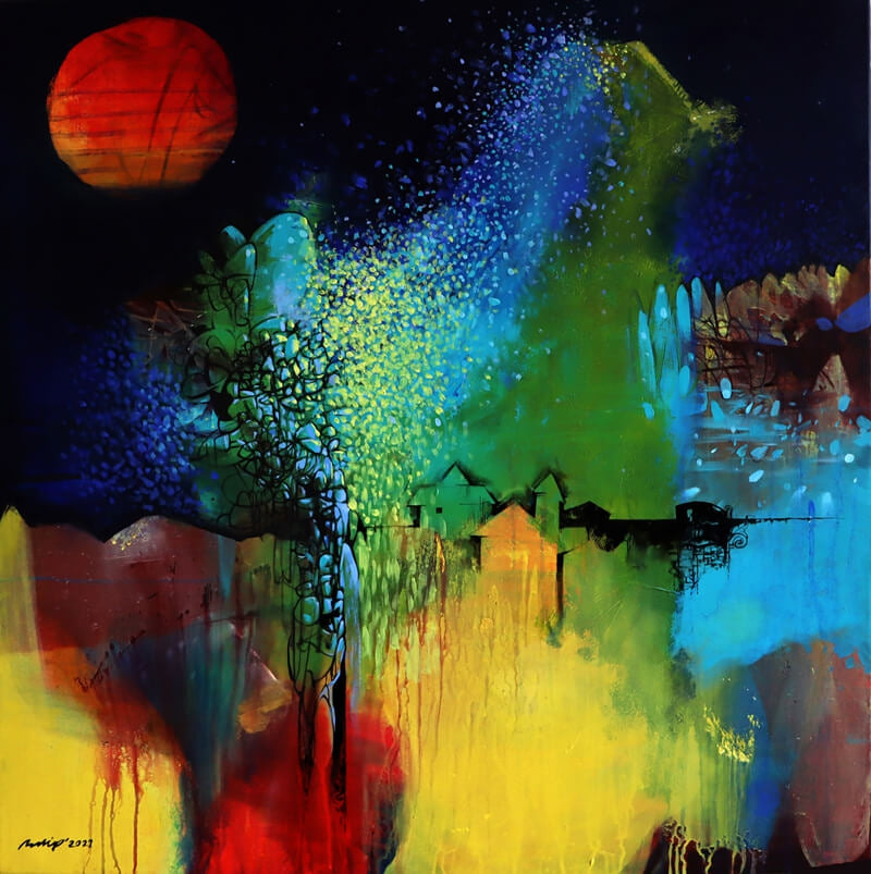 Magical Moments' abstract acrylic painting by artist Pradip Sengupta, 30x30 inch, on canvas
