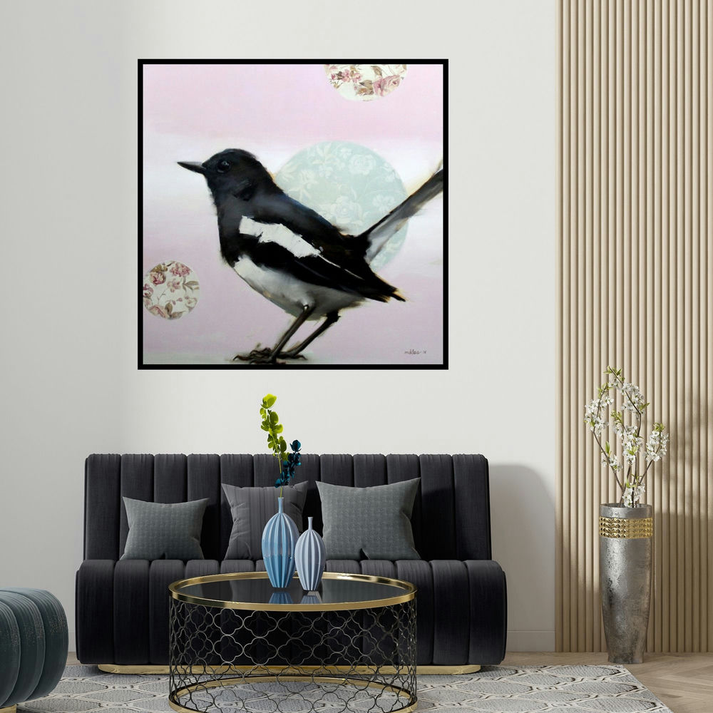 Mukta Avachat's 'Magpie' painting visualized above a sofa in a contemporary room.