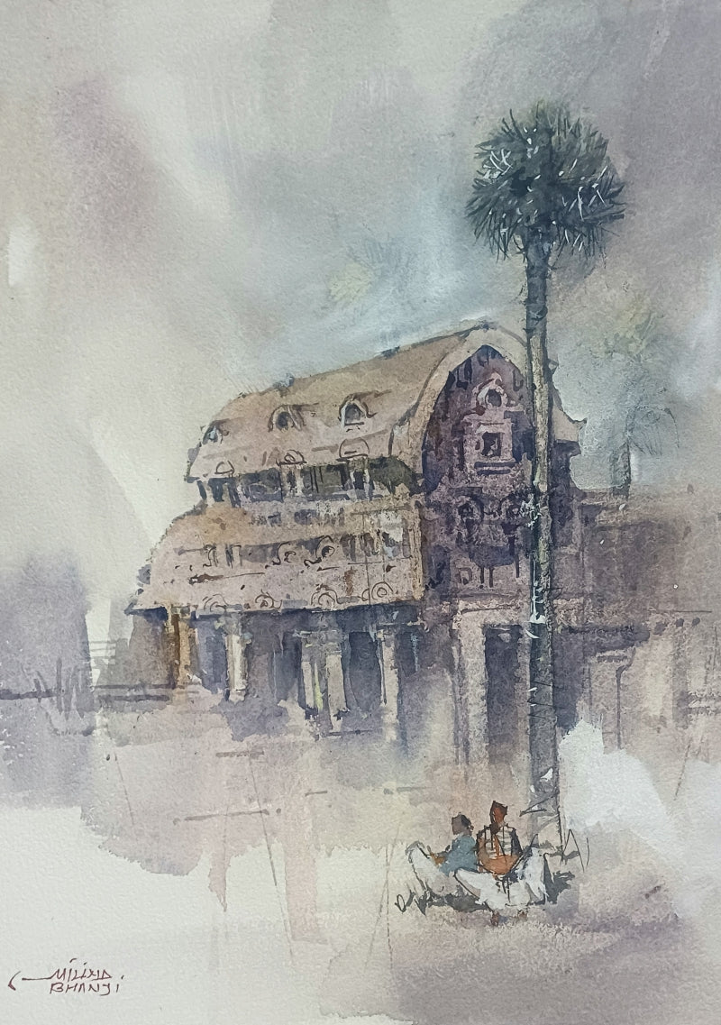 Mahabalipuram' figurative watercolor painting by artist Milind Bhanji, 16x12 inch, on paper