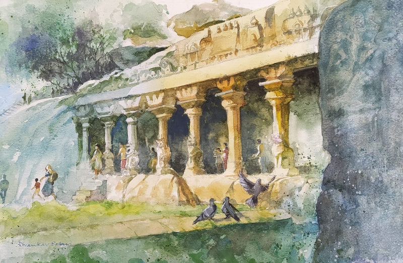 Mahabalipuram 2' religious watercolor painting by artist Sankara Babu, 11x17 inch, on paper