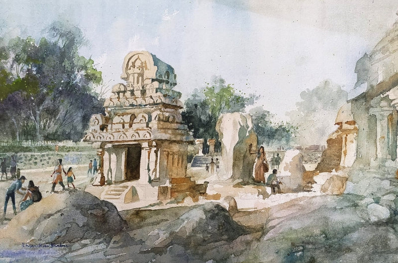 Mahabalipuram' religious watercolor painting by artist Sankara Babu, 11x17 inch, on paper
