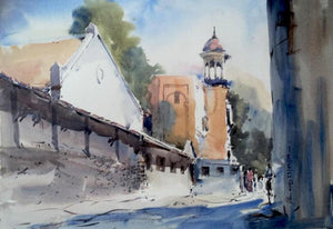 Mahal Nagpur (Echoes of Faith) by Ghanshyam Dongarwar, Original Watercolor Landscape Painting on Paper, Small Horizontal Wall Art