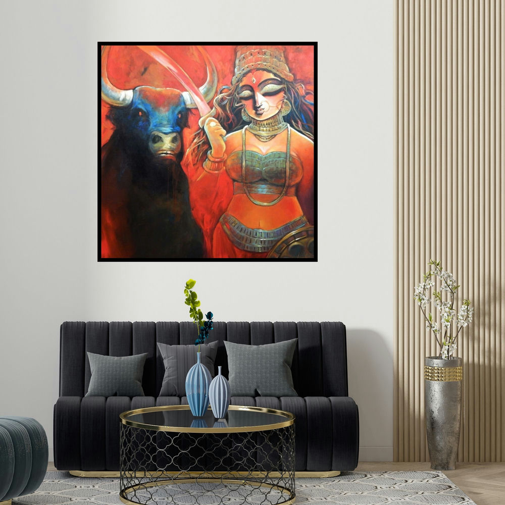 Subrata Ghosh's 'Mahamaya' painting visualized above a sofa in a contemporary room.