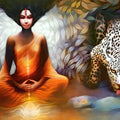Religious acrylic painting titled 'Mahamaya The Primal The Ultimate XI', 37x60 inches, by artist Guru Kinkar on Canvas