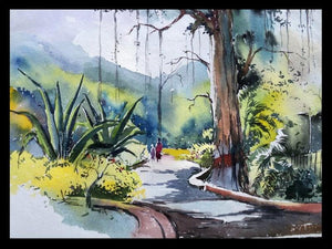 Maharajbagh (Serene Stroll) by Ghanshyam Dongarwar, Original Watercolor Landscape Painting on Paper, Small Horizontal Wall Art