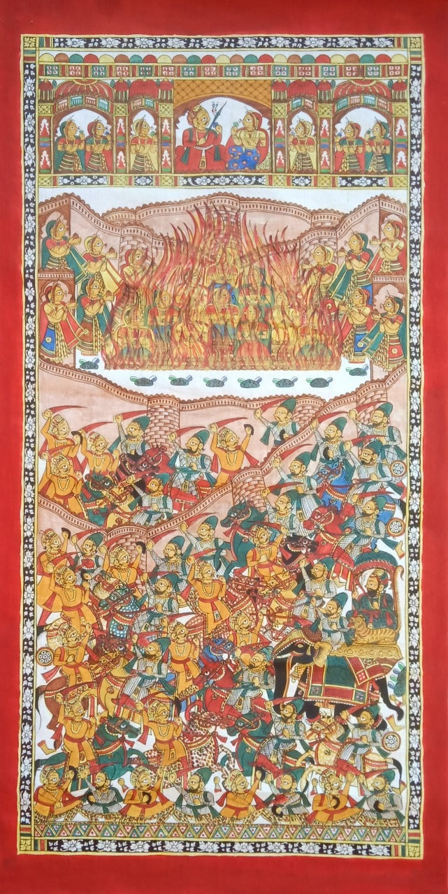 Maharani Padmini' religious phad traditional Art by artist Abhishek Joshi, 48x24 inch, on handmade cotton canvas