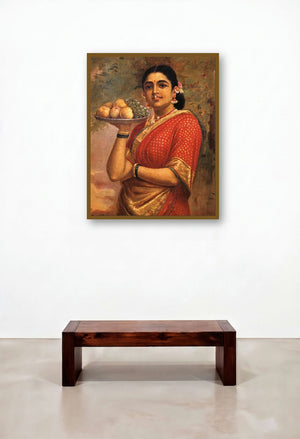 Maharashtrian Lady (The Maharashtrian Lady) by artist Raja Ravi Varma displayed in a Japandi Reception Area