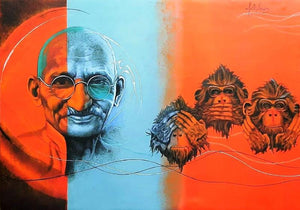 Mahatma Gandhi by Kriti K C Saxena, Original Acrylic Figurative Painting on Canvas, Medium Horizontal Wall Art