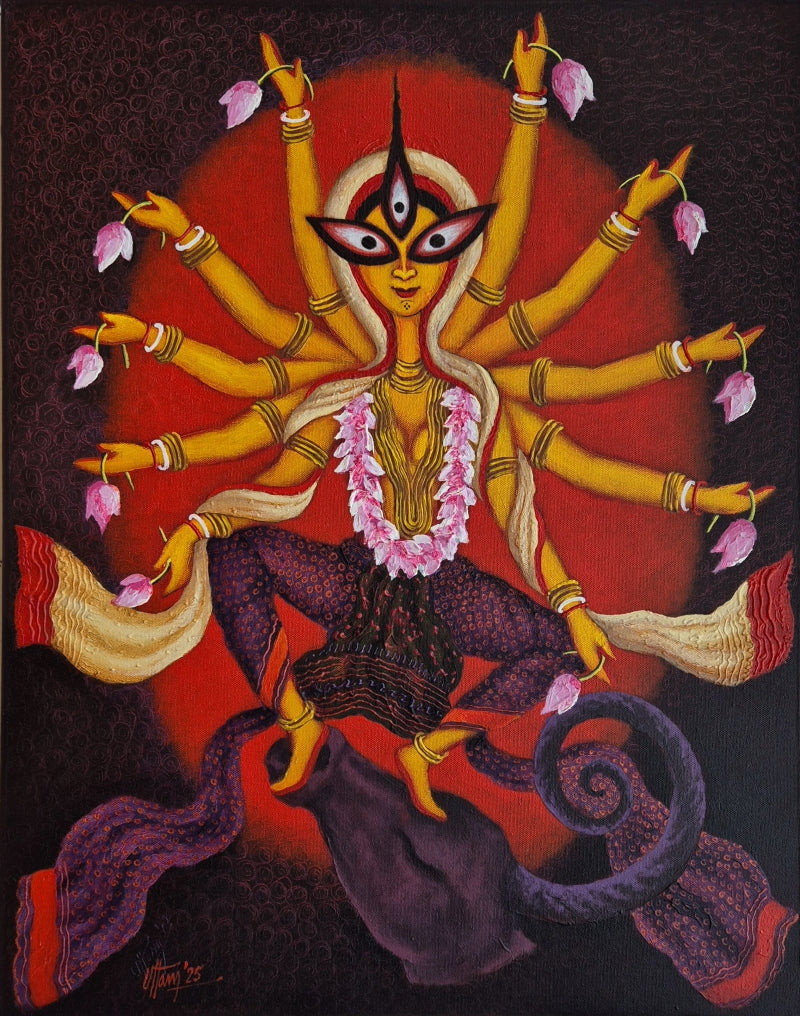 'Mahisasuramardini' religious mixed-media painting by artist Uttam Bhattacharya, 24x18 inch, on canvas