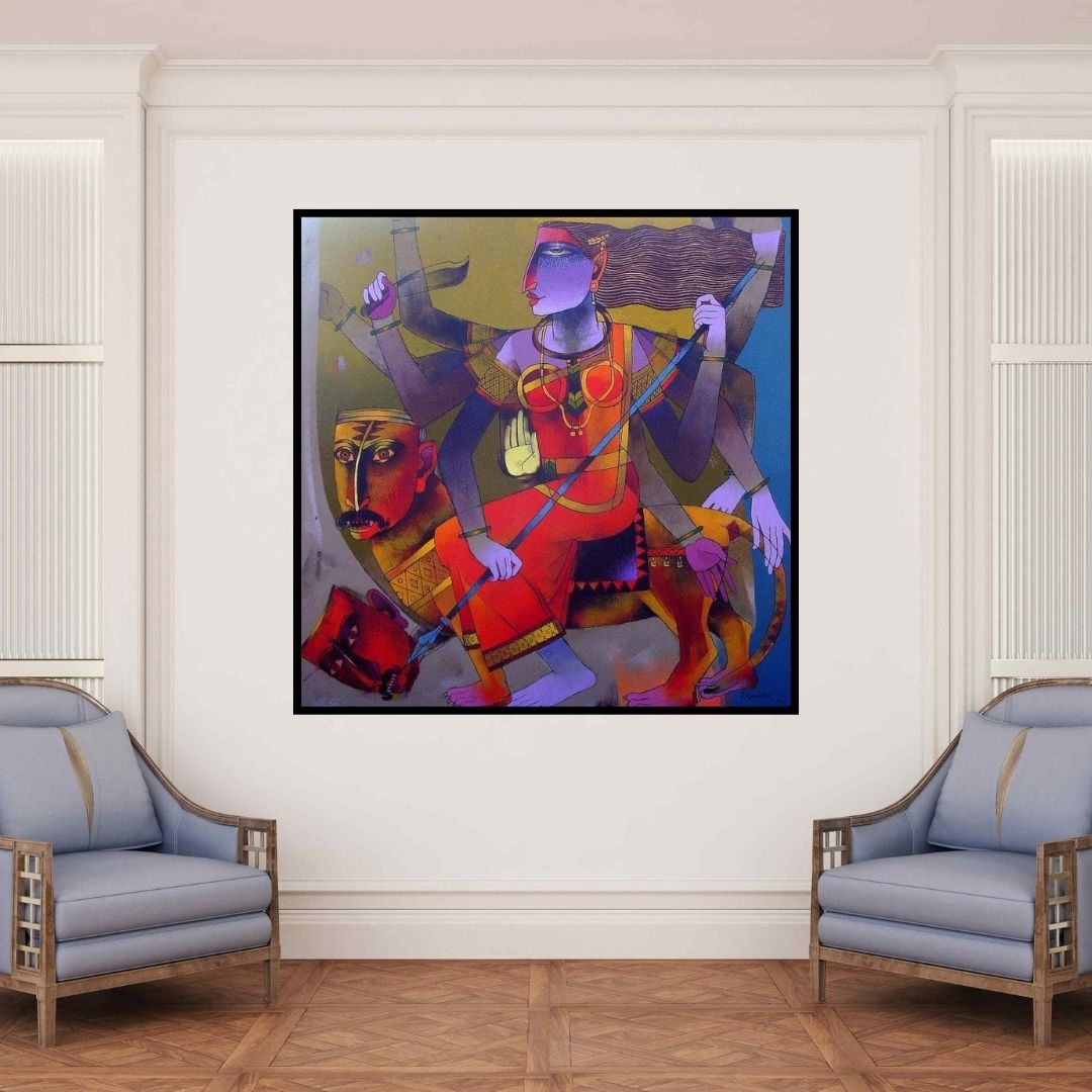 In-situ view of Dayanand Kamakar's 'Mahishamardini (Triumph of the Divine Feminine)' painting in a room