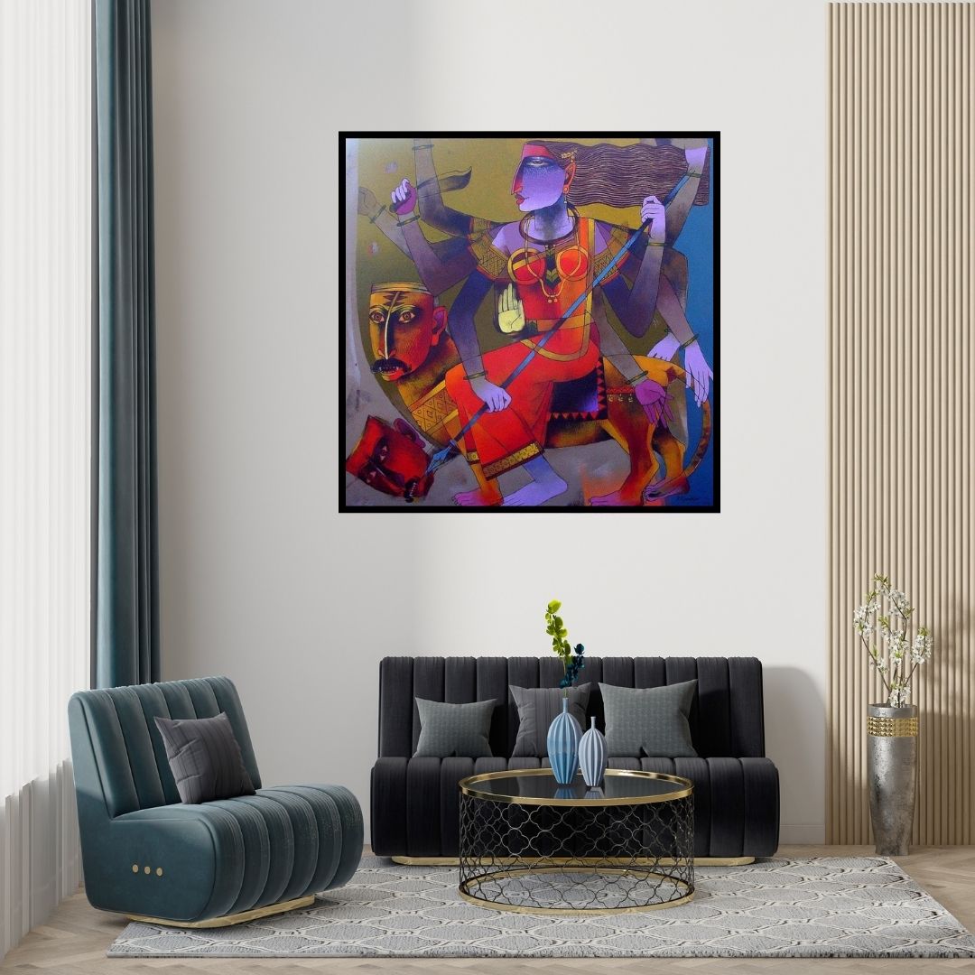 Preview of 'Mahishamardini (Triumph of the Divine Feminine)' Painting by Dayanand Kamakar shown on a wall in a furnished room.