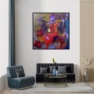 Preview of 'Mahishamardini (Triumph of the Divine Feminine)' Painting by Dayanand Kamakar shown on a wall in a furnished room.