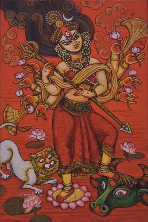 Mahishasur Mardini' religious acrylic painting by artist Manisha Srivastava, 18x11 inch, on canvas