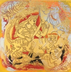 Mahishasuramardini (Durga Painting) by Anjani Reddy, Original Acrylic Religious Painting on Canvas, Small Square Wall Art