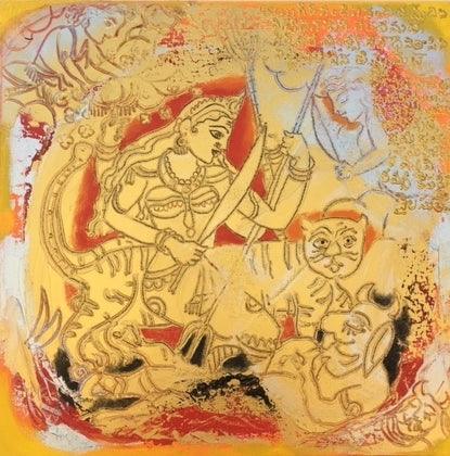 Mahishasuramardini (Durga Painting) by Anjani Reddy, Original Acrylic Religious Painting on Canvas, Small Square Wall Art