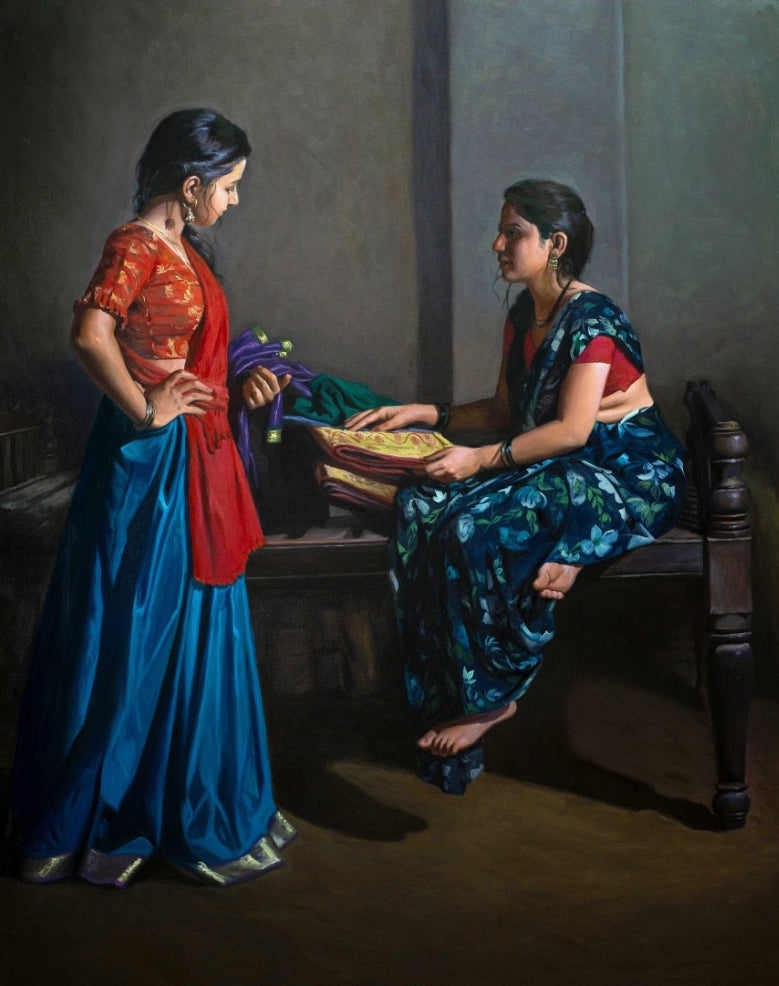 Maitrin' figurative oil painting by artist Mahesh Soundatte, 48x38 inch, on linen