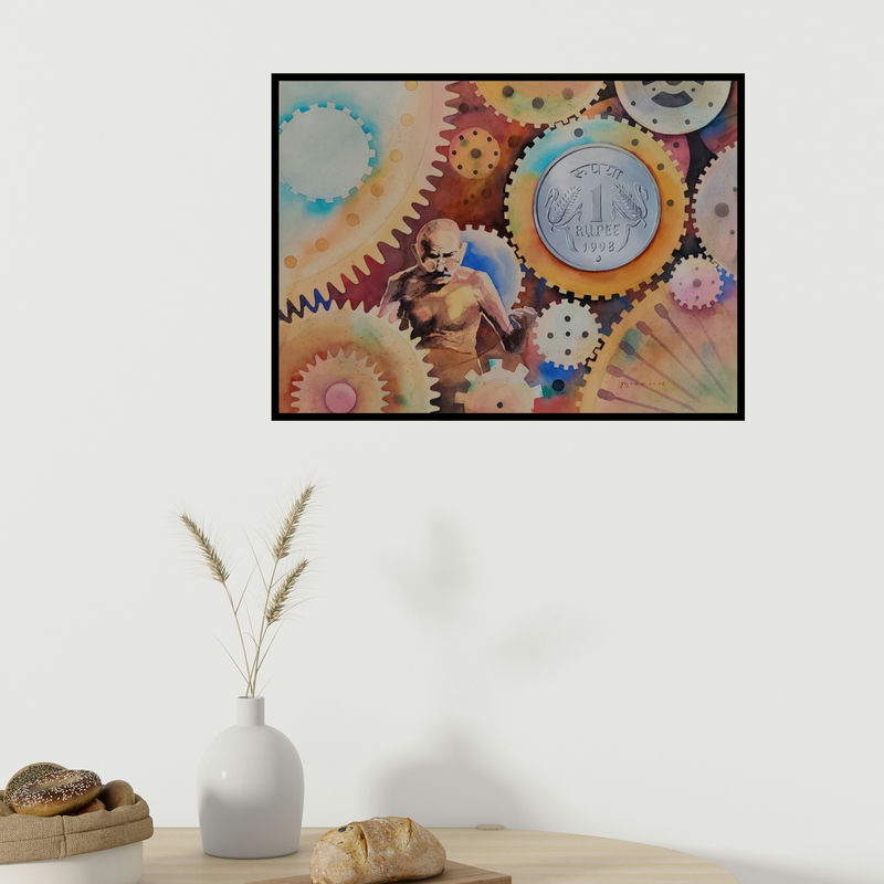 In-situ view of Yojana Dehankar's 'Make In India 1 (The Wheel of Progress)' painting in a room