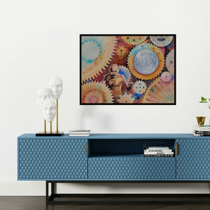 Preview of 'Make In India 1 (The Wheel of Progress)' Painting by Yojana Dehankar shown on a wall in a furnished room.