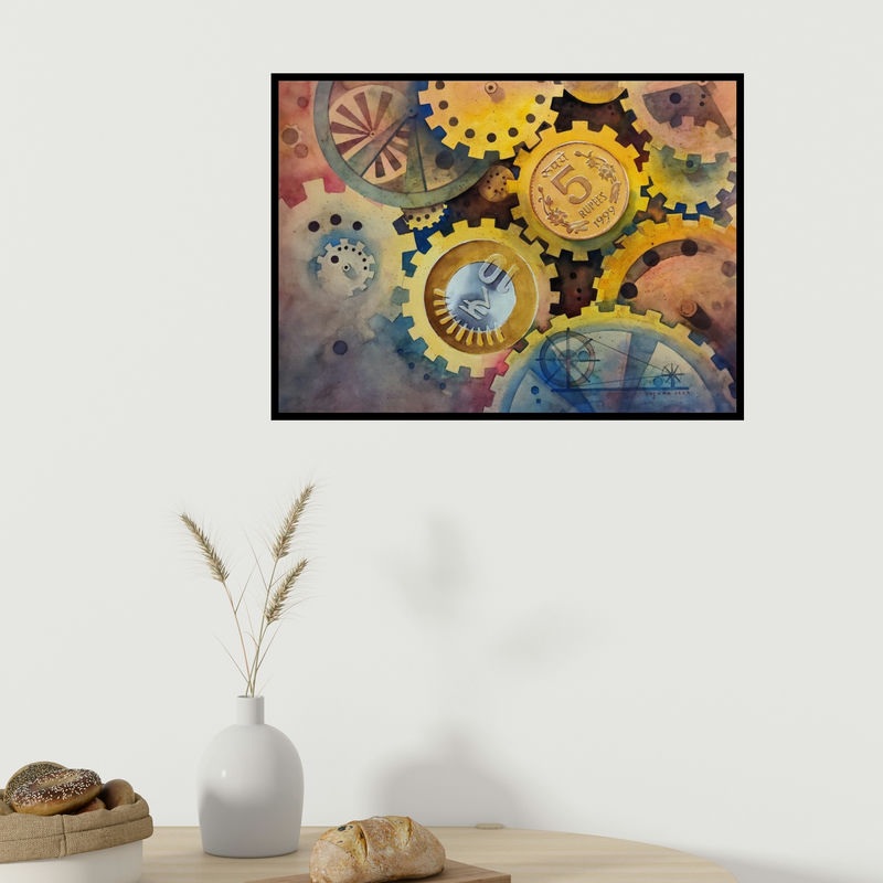 In-situ view of Yojana Dehankar's 'Make In India 2 (The Engine of Progress)' painting in a room