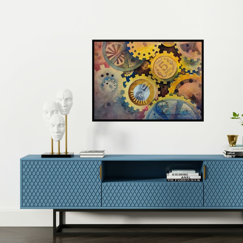 Preview of 'Make In India 2 (The Engine of Progress)' Painting by Yojana Dehankar shown on a wall in a furnished room.