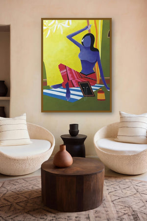 Make Up 2 (Woman in Red and Blue) by artist Sujit Giram displayed in a Curated gallery