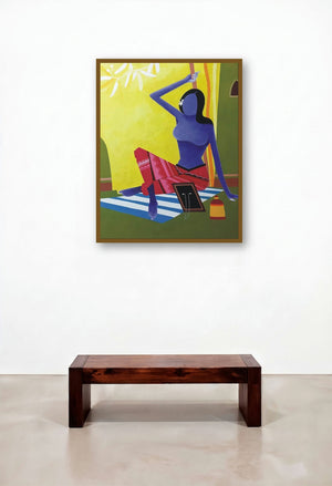 Make Up 2 (Woman in Red and Blue) by artist Sujit Giram displayed in a Urban Loft Living Room