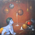 Religious oil painting titled 'Makhan Chor', 36x36 inches, by artist Rakhi Baid on Canvas