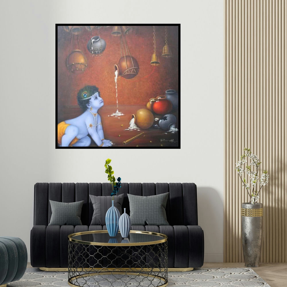 Rakhi Baid's 'Makhan Chor' painting visualized above a sofa in a contemporary room.