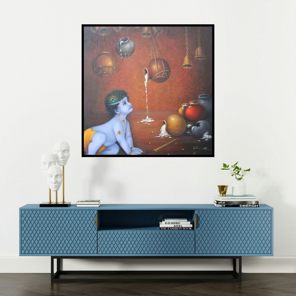 'Makhan Chor' painting by Rakhi Baid shown on a wall in a furnished room.