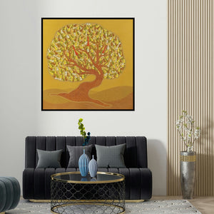 Satyajeet Shinde's 'The Making Tree 1' painting visualized above a sofa in a contemporary room.