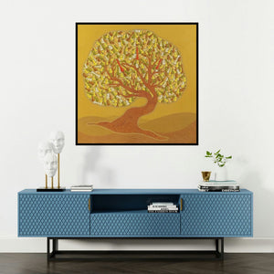 'The Making Tree 1' painting by Satyajeet Shinde shown on a wall in a furnished room.