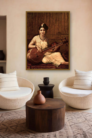 Malabar Lady With Veena (Melodies of Malabar) by artist Raja Ravi Varma displayed in a Indian Art gallery