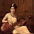 Figurative oil painting titled 'Malabar Lady With Veena', 36x29 inches, by artist Raja Ravi Varma Reproduction on Canvas