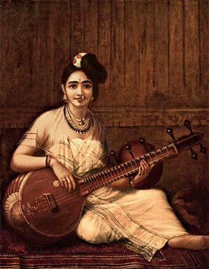 Malabar Lady With Veena (Melodies of Malabar) by Raja Ravi Varma, Print Oil Figurative Painting on Canvas, X-Small Vertical Wall Art