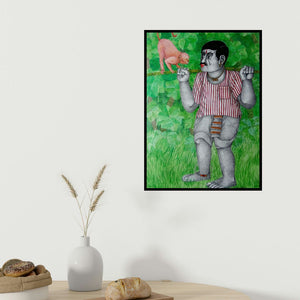 Bhawandla Narahari's 'Man And Monkey' painting visualized above a sofa in a contemporary room.