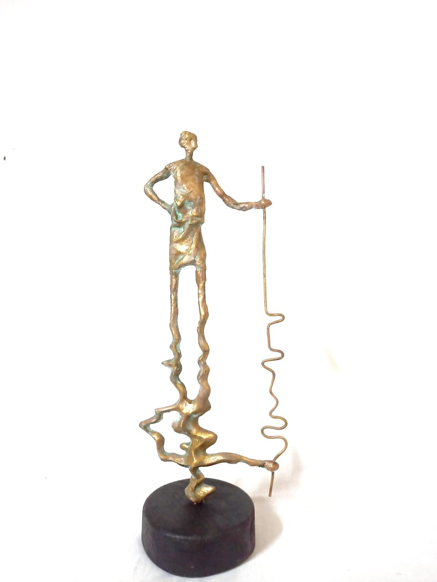 'Man And Reflection' figurative Brass sculpture by artist Rohan Pawar, 20x7 inch, on brass