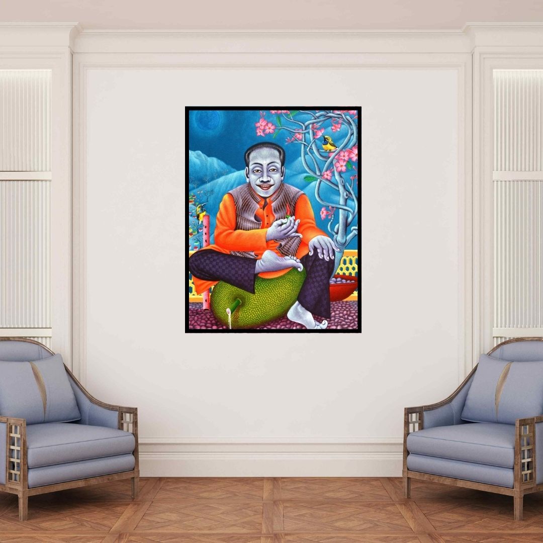 In-situ view of Ramu Das's 'A Man Sitting On A Jackfruit (Man on Jackfruit)' painting in a room