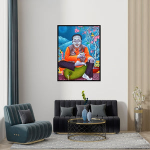 Preview of 'A Man Sitting On A Jackfruit (Man on Jackfruit)' Painting by Ramu Das shown on a wall in a furnished room.