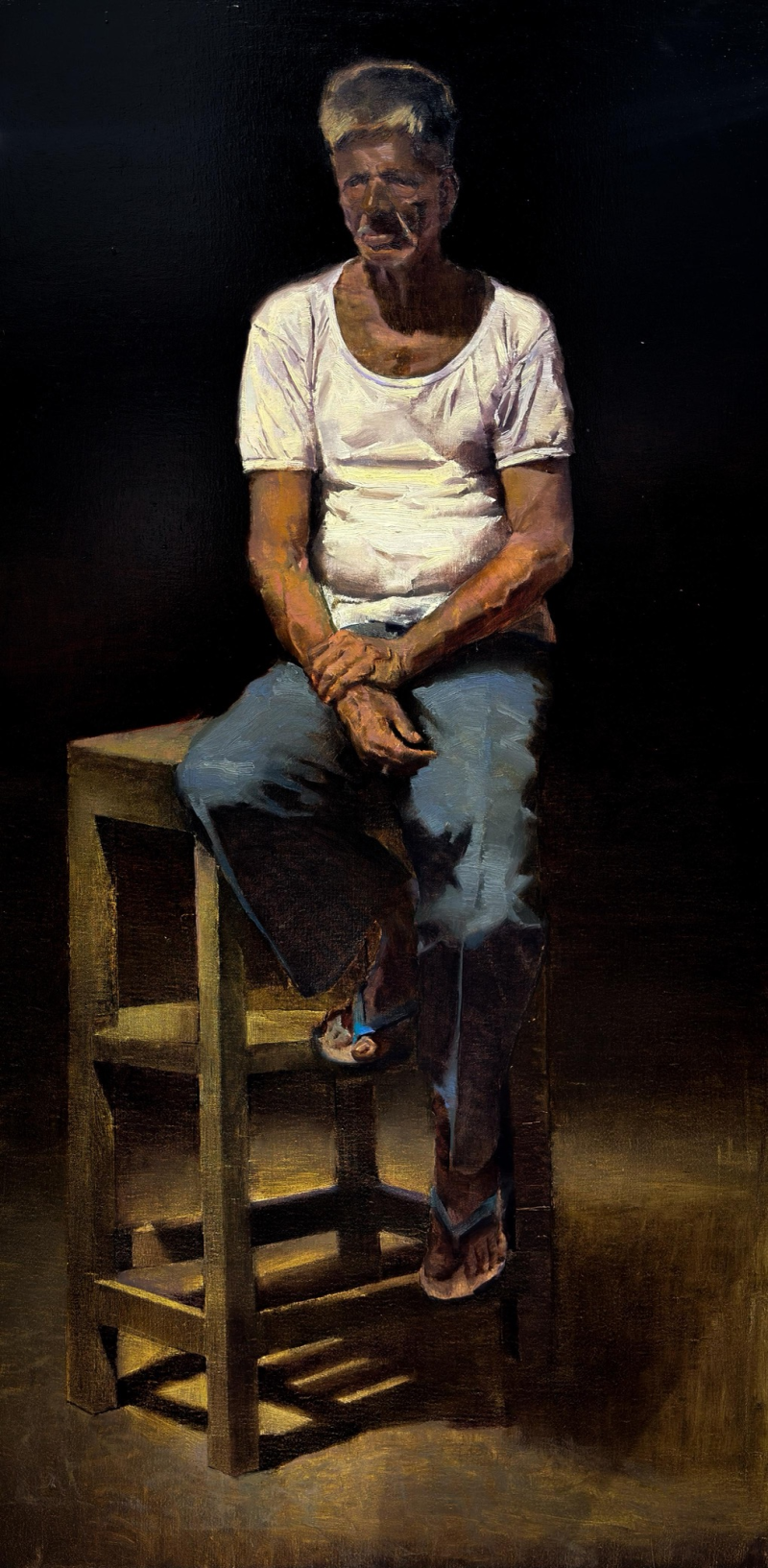Man At The Studio' figurative oil painting by artist Ajit Raut, 40x24 inch, on canvas