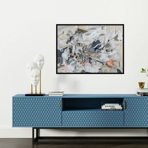 Preview of 'The Man With Twisted Brain 2 (A Chaotic Ballet)' Painting by Susmita Chowdhury shown on a wall in a furnished room.