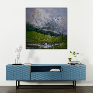 'Manali (Serene Mountain Retreat)' painting by Mangesh Shinde shown on a wall in a furnished room.